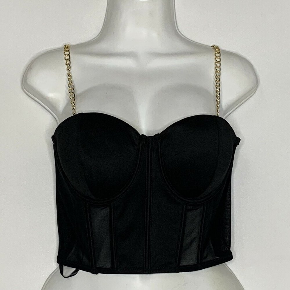 Say What Black Bustier Gold‎ Chain Strap  Crop Top Women Size Medium Zip Up